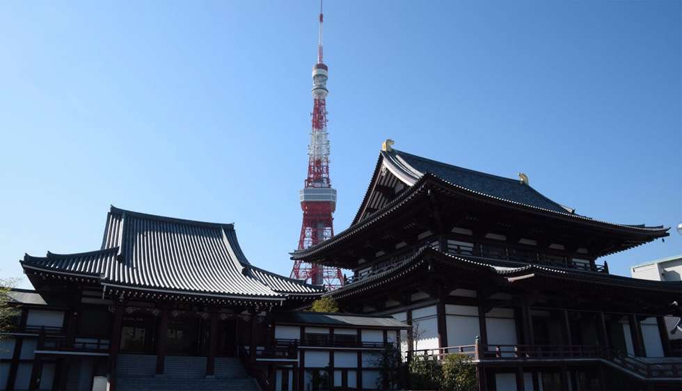 Tokyo Tower, the second tallest structure ( 332.9 meters) in Japan after Tokyo Skytree, which is nearly twice as tall, viewed from Zojoji Temple. The Temple was moved to its current location in central Tokyo by Ieyasu Tokugawa in 1598. Photograph: Red Circle Authors Limited.