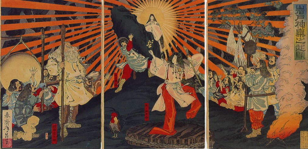 An image of the Japanese Sun Goddess Amaterasu emerging from a cave. Signed: ’Shunsai Toshimasa’ from the Origin of Music and Dance at the Rock Door (1887). Image: Wikipedia.